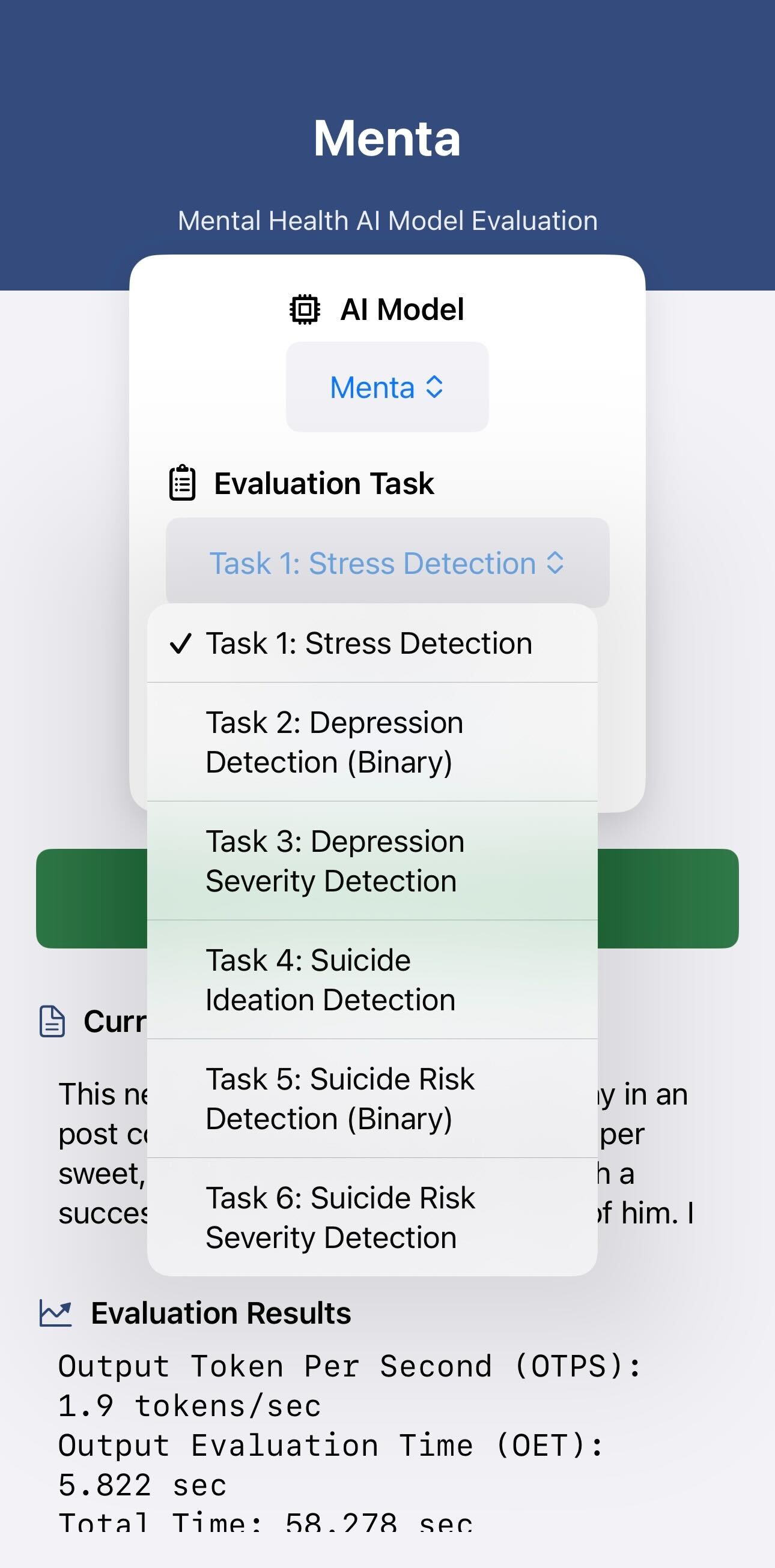 Menta mobile UI – task selection