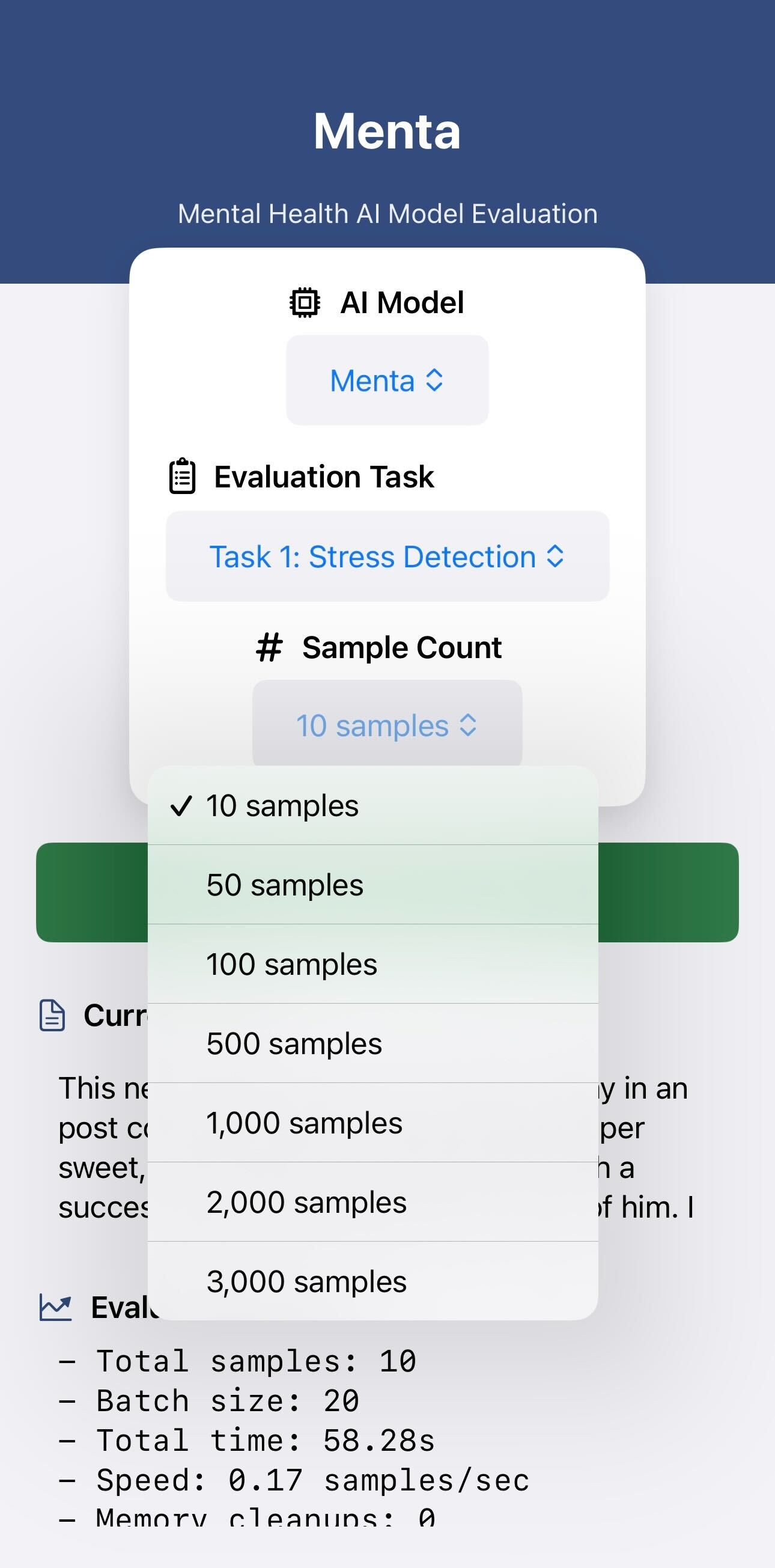Menta mobile UI – sample count selection